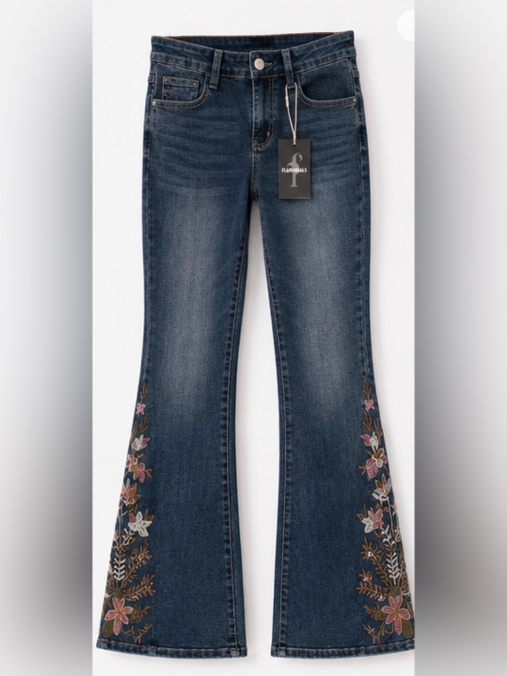 Flamingals NWT Floral Embroidered Stretch Wide Leg Jeans Dark Wash